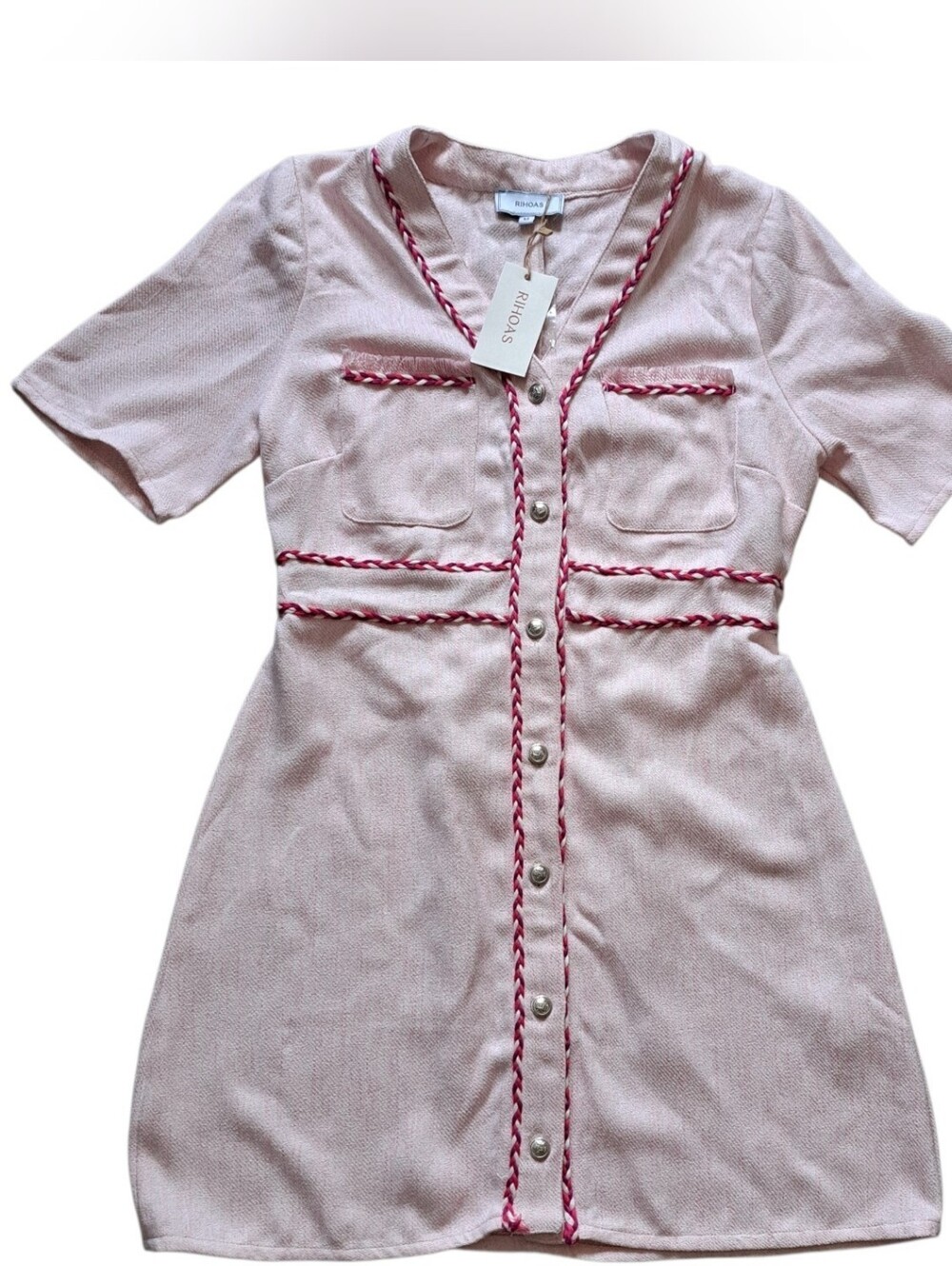 Rihoas Tweed Button-Front Barbiecore Sheath Dress Pink Medium NWT